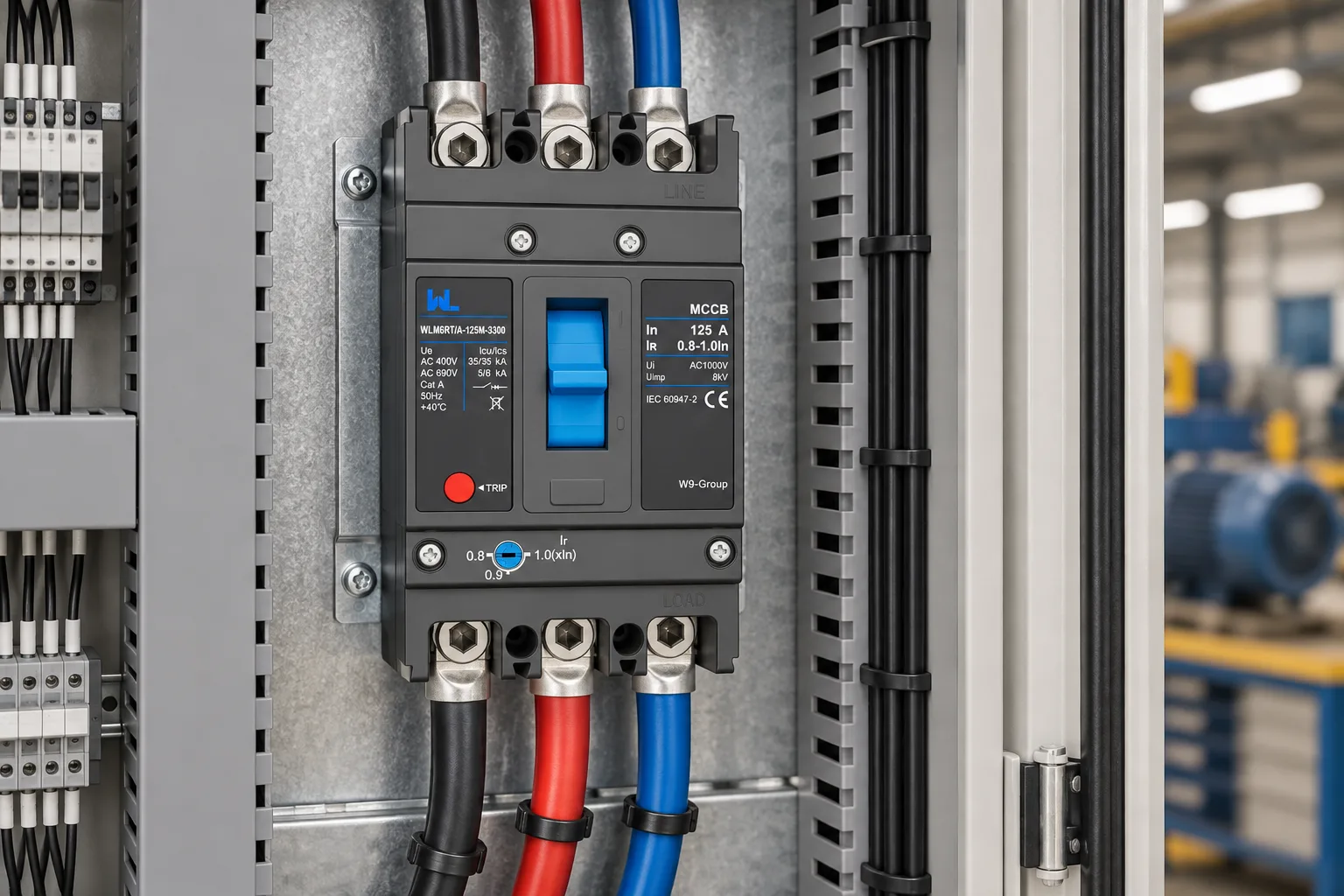 W9 Adjustable Mccb WLM6RT-125A-3300 3P WLM6RT Series thermal magnetic type mccb 400V/690V mccb 125A 3 Poles/4 Poles installed in a realistic electrical distribution setting