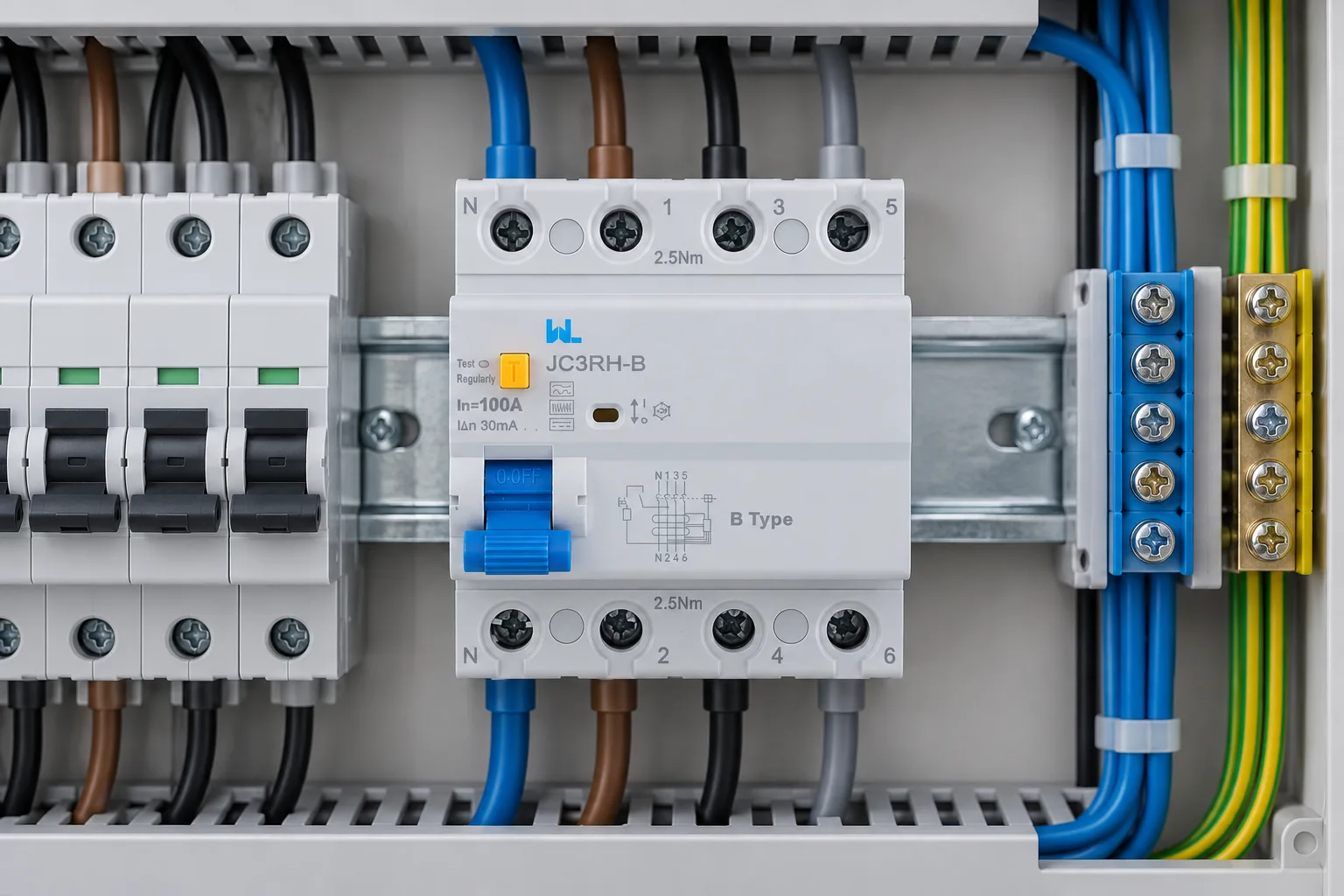 W9 MCCB circuit breaker Residual Current JC3RH-B Type B installed in a realistic electrical distribution setting