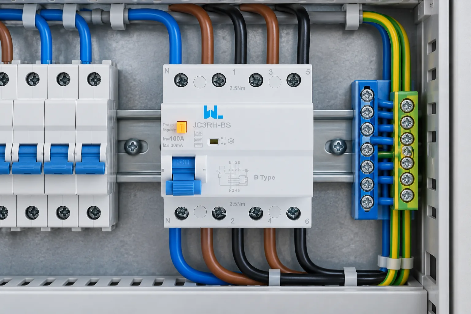 W9 MCCB circuit breaker Residual Current JC3RH-BS Type B installed in a realistic electrical distribution setting