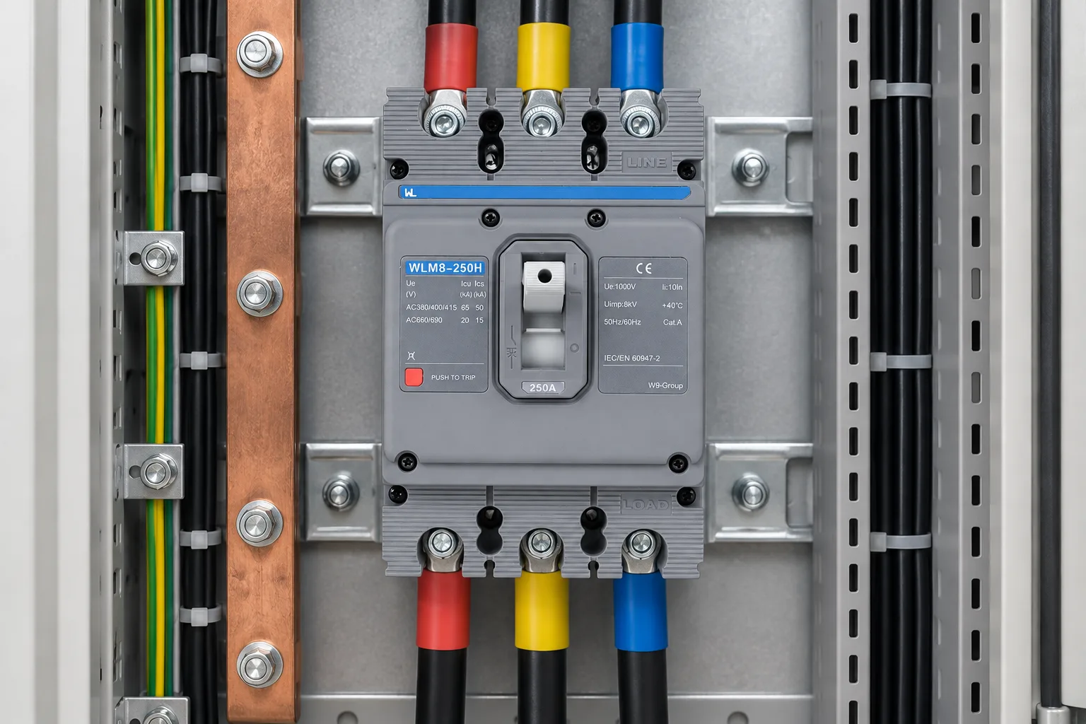 W9 MCCB circuit breaker WLM8-250H-3300 3P 250 amp circuit breaker thermal and magnetic circuit breaker thermal magnetic release mccb installed in a realistic electrical distribution setting
