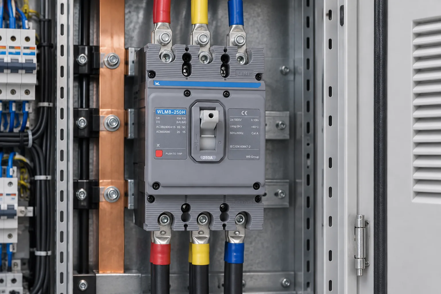 W9 MCCB circuit breaker WLM8-250H-3300 3P 250 amp circuit breaker thermal and magnetic circuit breaker thermal magnetic release mccb installed in a realistic electrical distribution setting