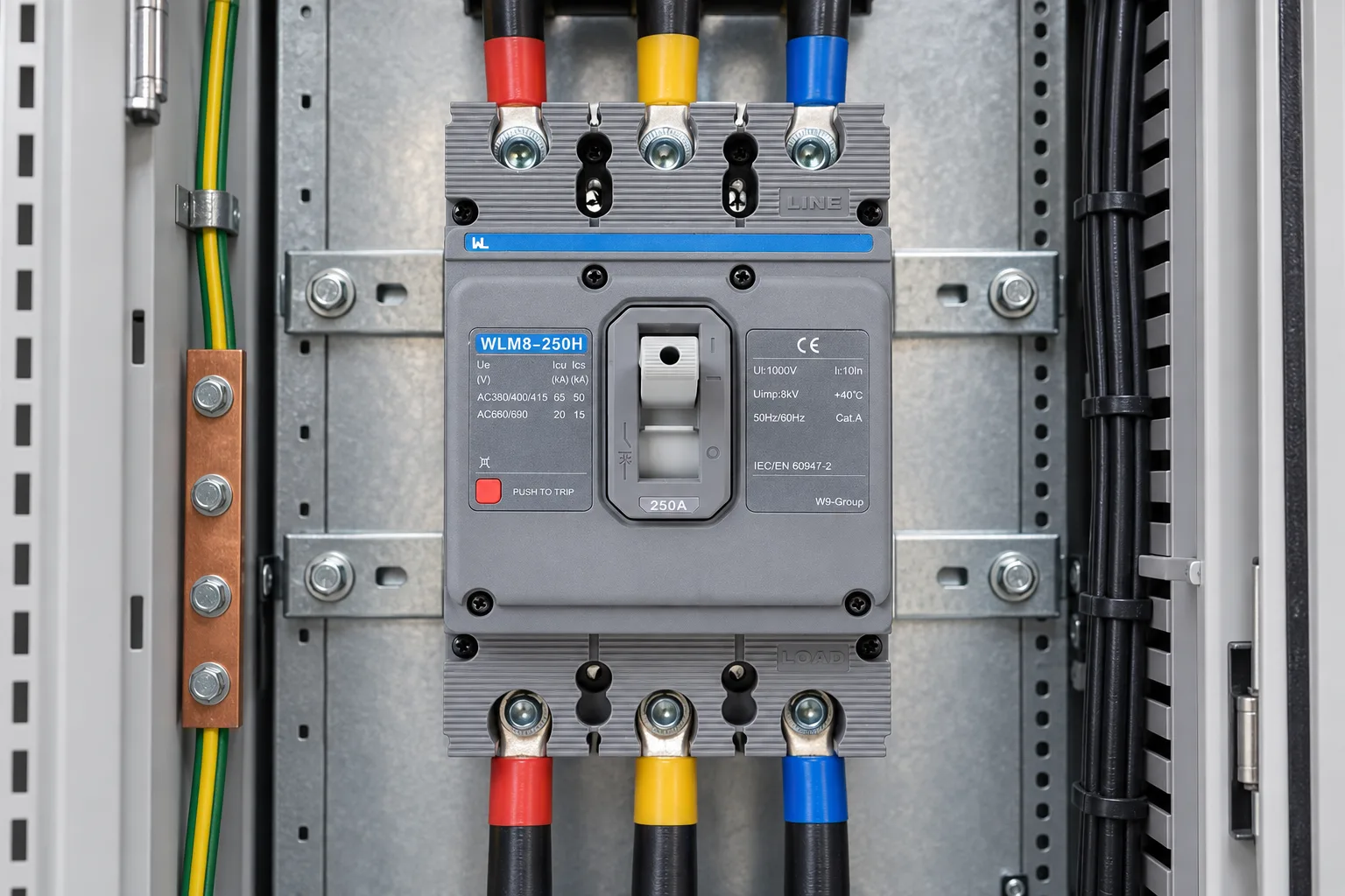 W9 WLM8-250H-3300 3P thermal-magnetic MCCB installed in a realistic electrical distribution setting