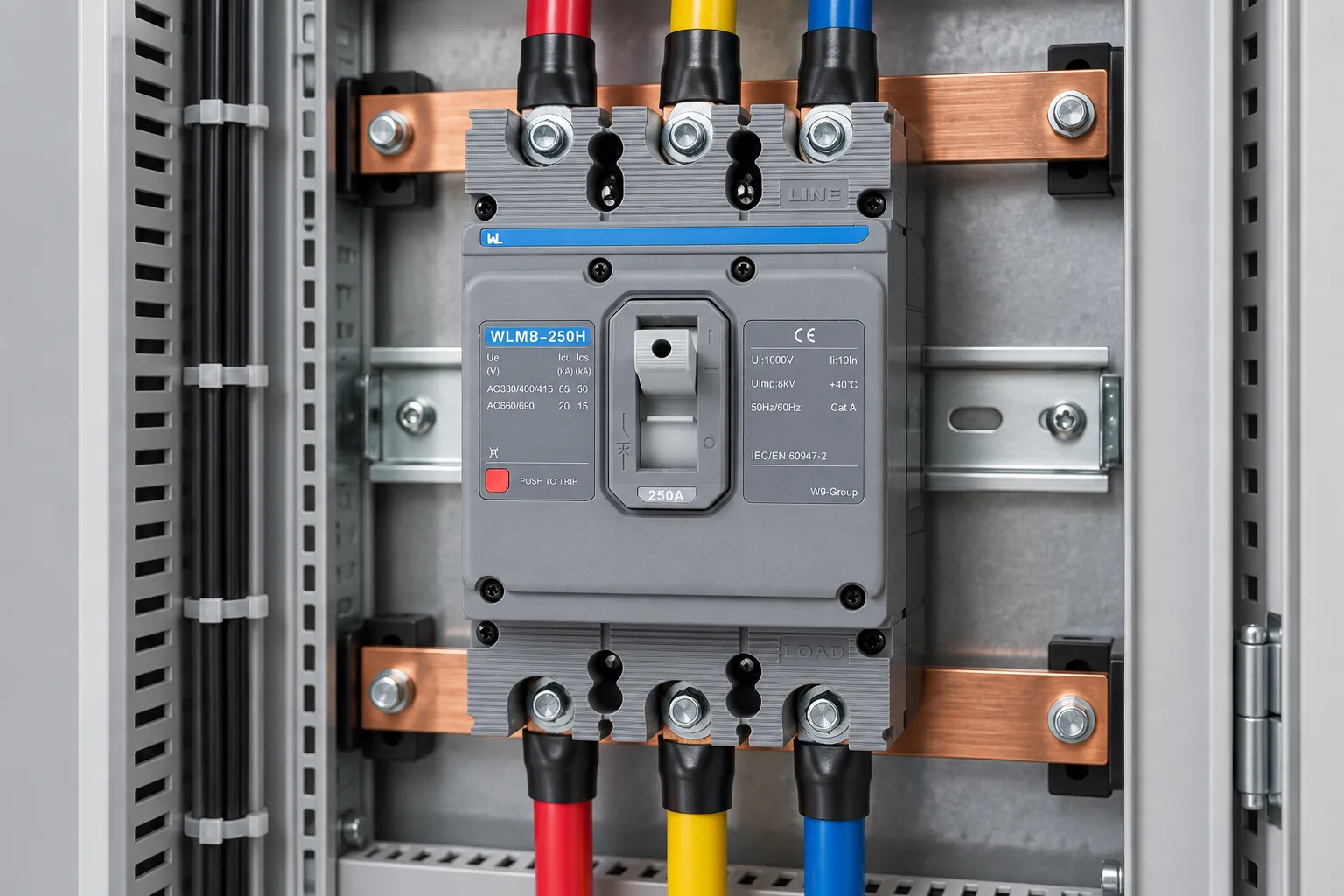 W9 MCCB circuit breaker WLM8-250H-3300 3P 250 amp circuit breaker thermal and magnetic circuit breaker thermal magnetic release mccb installed in a realistic electrical distribution setting