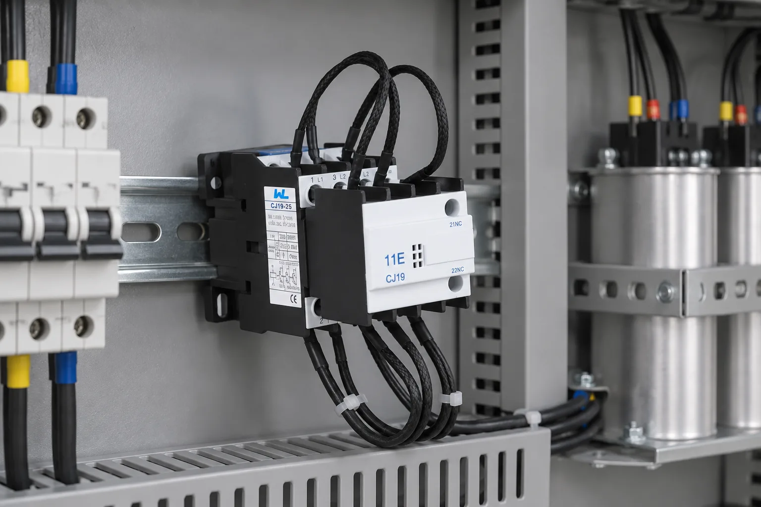 W9 Modular Contactor CJ19 Changeover capacitor Ac contactor installed in a realistic electrical distribution setting