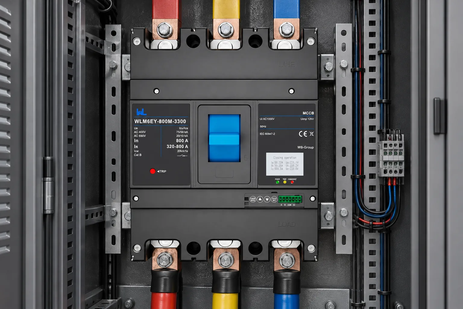 W9 MCCB circuit breaker WLM6EY-800A-3300 3P/4P WLM6E Series electronic type 400V/690V 800 amp 3 Poles/4 Poles built in lsig molded with Modbus RS485 installed in a realistic electrical distribution setting