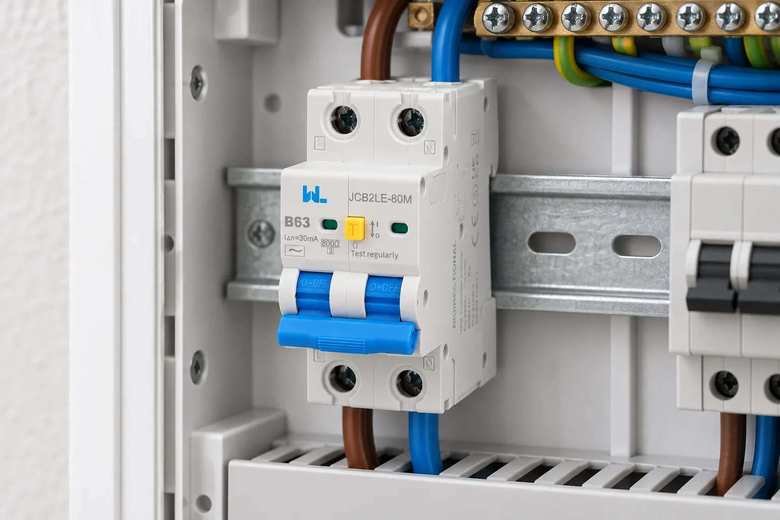 W9 RCBO Residual Current Circuit Breaker With Over Current and Leakage protection，Differential circuit breaker JCB2LE-80M 2 Pole installed in a realistic electrical distribution setting