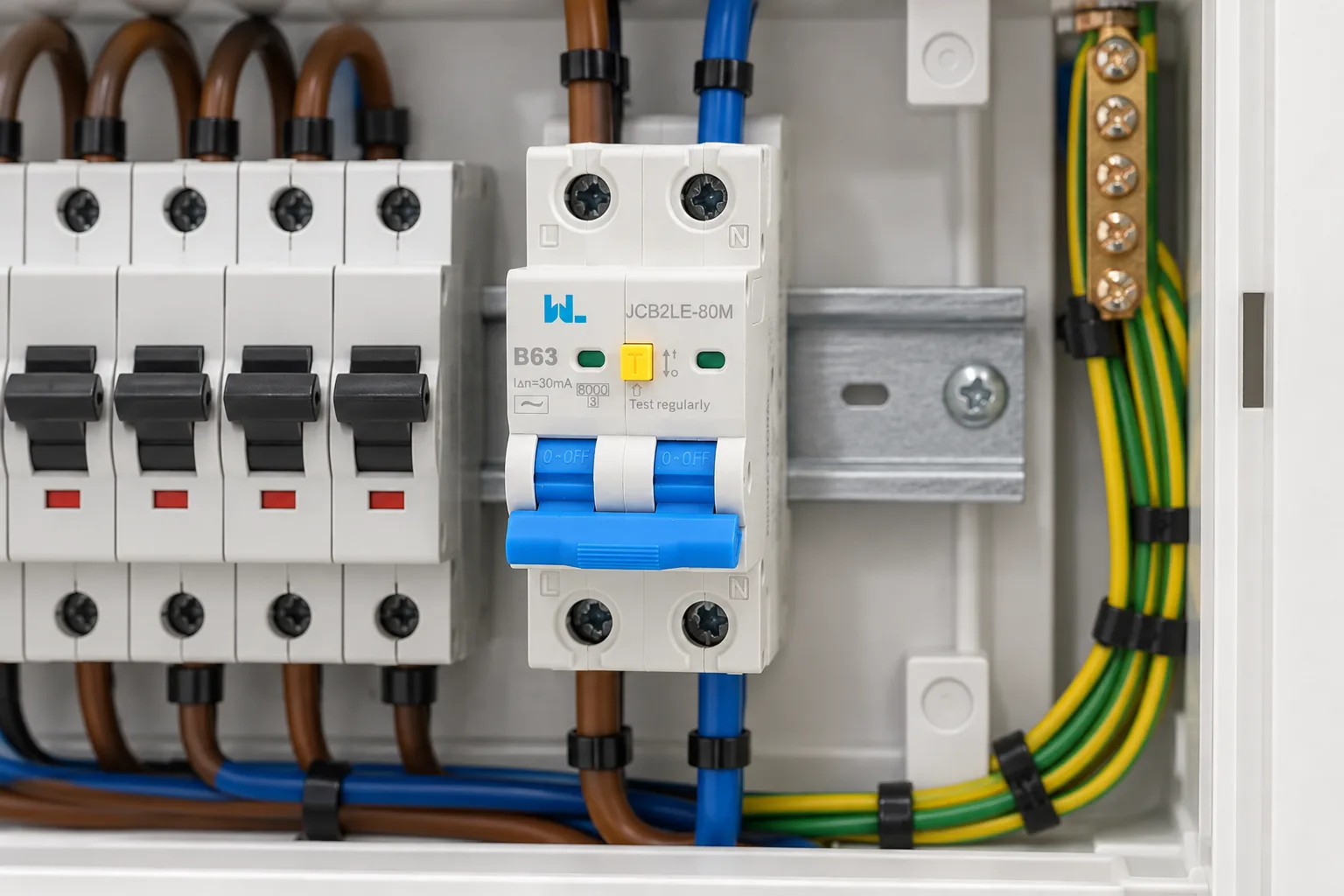 W9 RCBO Residual Current Circuit Breaker With Over Current and Leakage protection，Differential circuit breaker JCB2LE-80M 2 Pole installed in a realistic electrical distribution setting