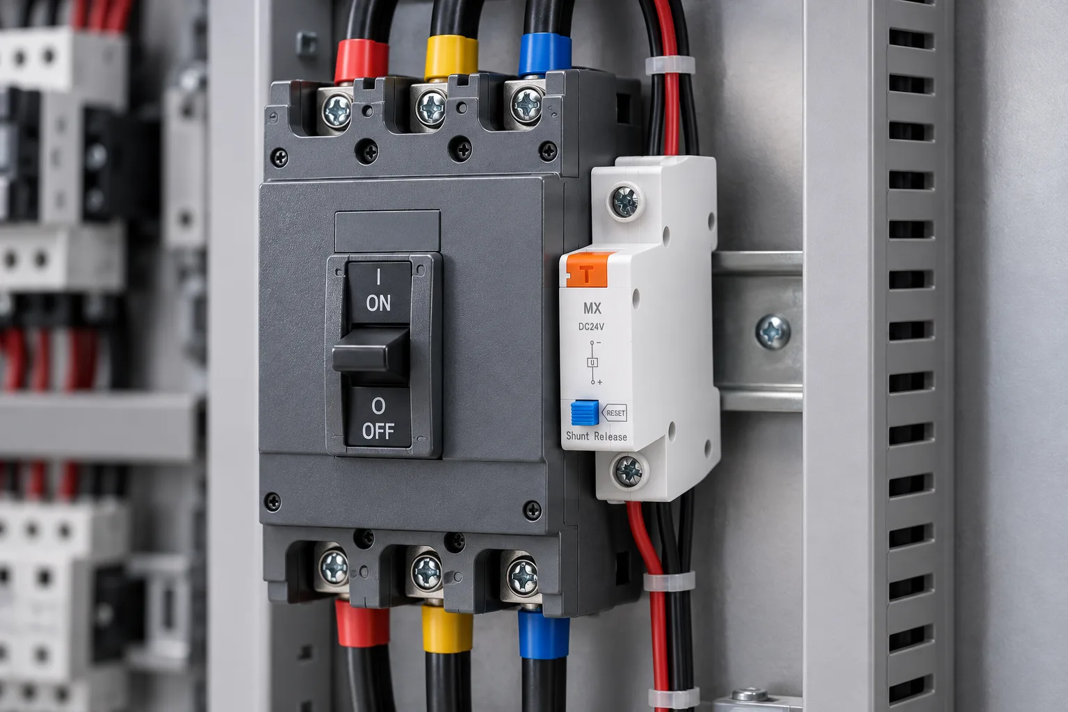 W9 MCB Accessories JCMX1-125 Shunt trip release MX installed in a realistic electrical distribution setting
