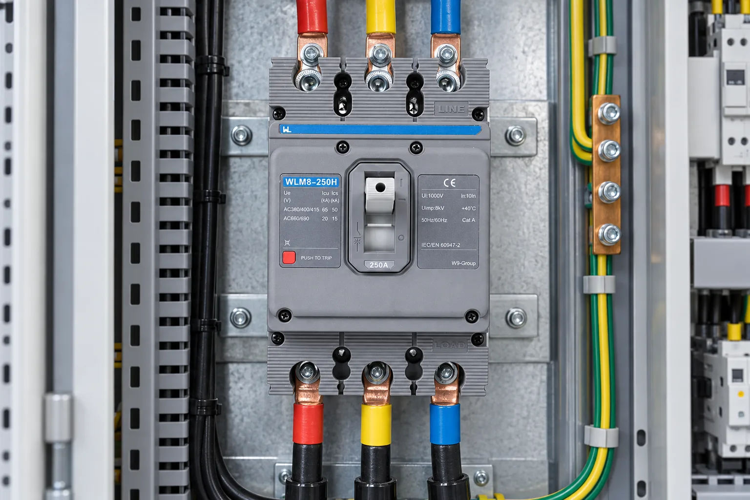 W9 MCCB circuit breaker WLM8-250H-3300 3P 250 amp circuit breaker thermal and magnetic circuit breaker thermal magnetic release mccb installed in a realistic electrical distribution setting