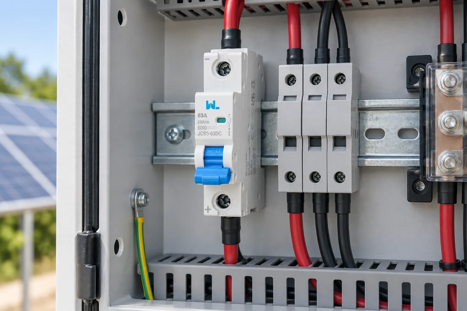 W9 JCB3-63DC Polarity DC Miniature Circuit Breaker (MCB) installed in a realistic electrical distribution setting