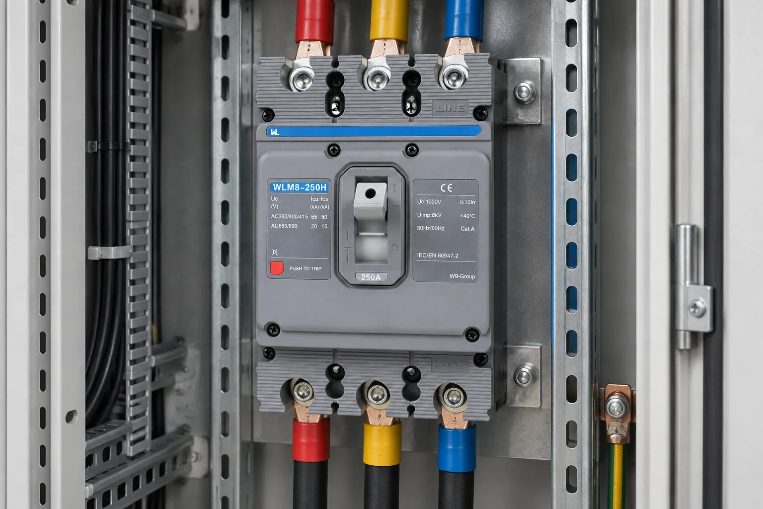 W9 MCCB circuit breaker WLM8-250H-3300 3P 250 amp circuit breaker thermal and magnetic circuit breaker thermal magnetic release mccb installed in a realistic electrical distribution setting