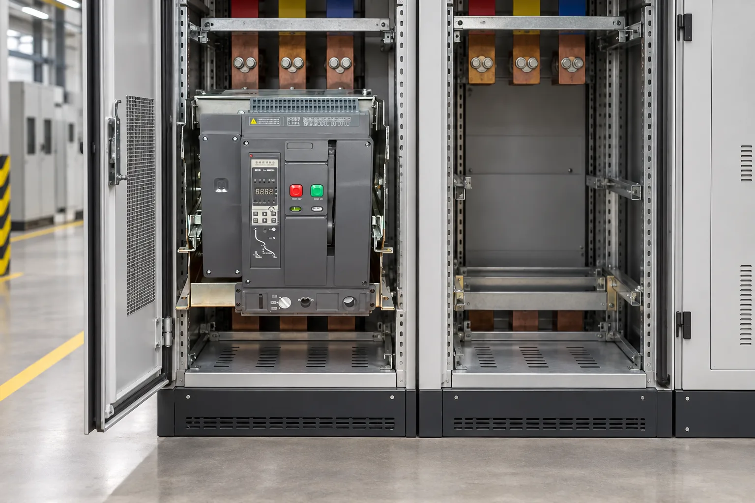 W9 Air circuit breaker WEW1-1000 1000 amp acb withdrawable type acb fixed type 400VAC/690VAC 1000A 3/4p acb installed in a realistic electrical distribution setting