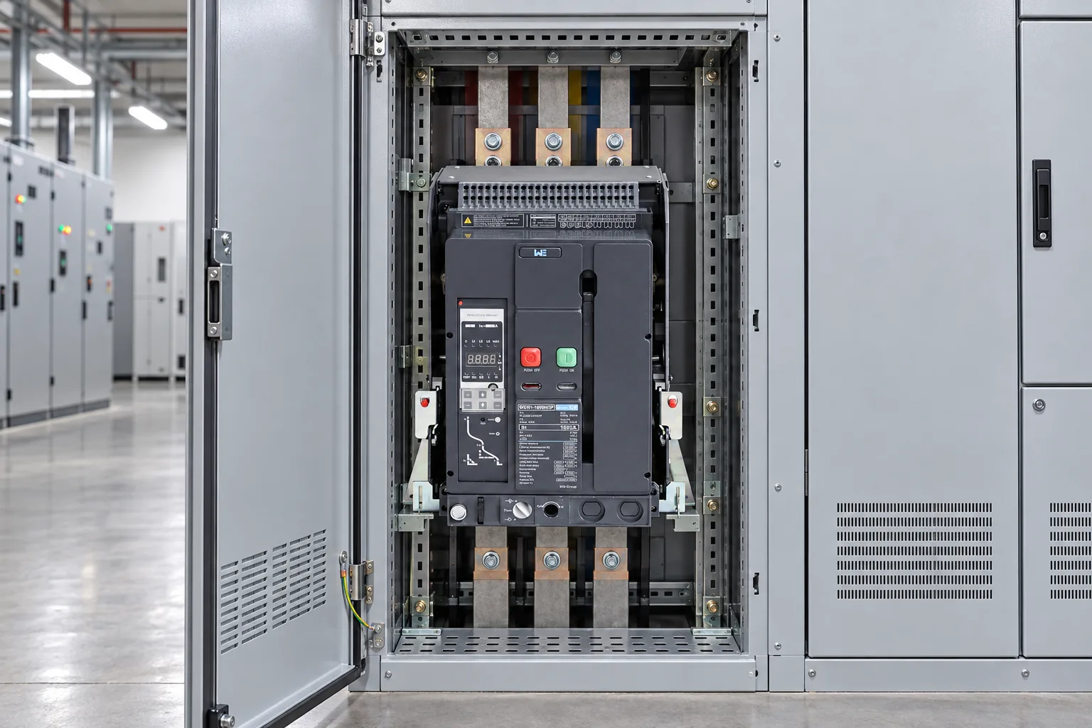 W9 Air circuit breaker WEW1-1600 breaker withdrawable type acb fixed type 400VAC/690VAC 1600 amp 3/4p acb installed in a realistic electrical distribution setting