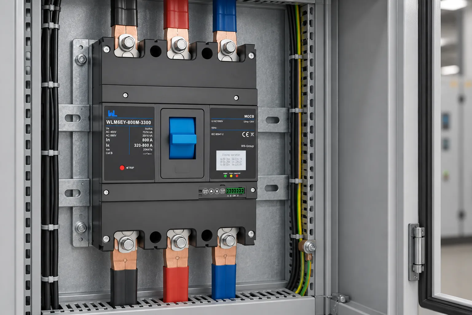 W9 MCCB circuit breaker WLM6EY-800A-3300 3P/4P WLM6E Series electronic type 400V/690V 800 amp 3 Poles/4 Poles built in lsig molded with Modbus RS485 installed in a realistic electrical distribution setting