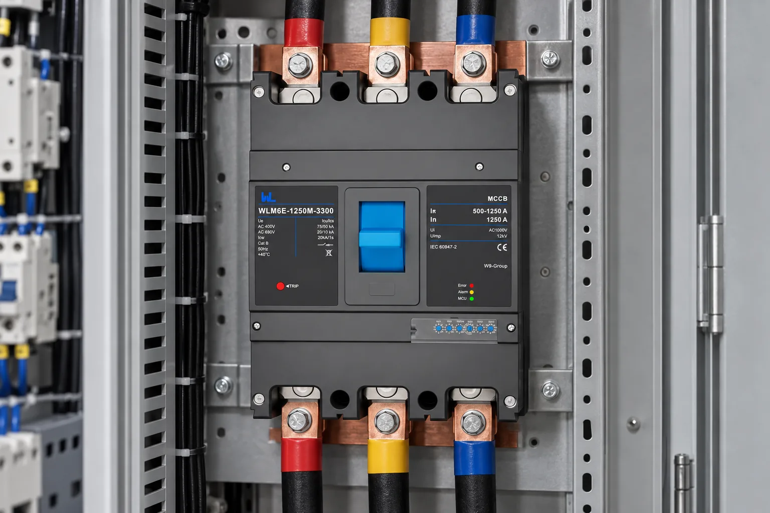 W9 MCCB circuit breaker WLM6E-800A-3300 3P/4P WLM6E Series electronic type circuit breaker 400V/690V 800 amp 3 Poles/4 Poles built in lsig installed in a realistic electrical distribution setting