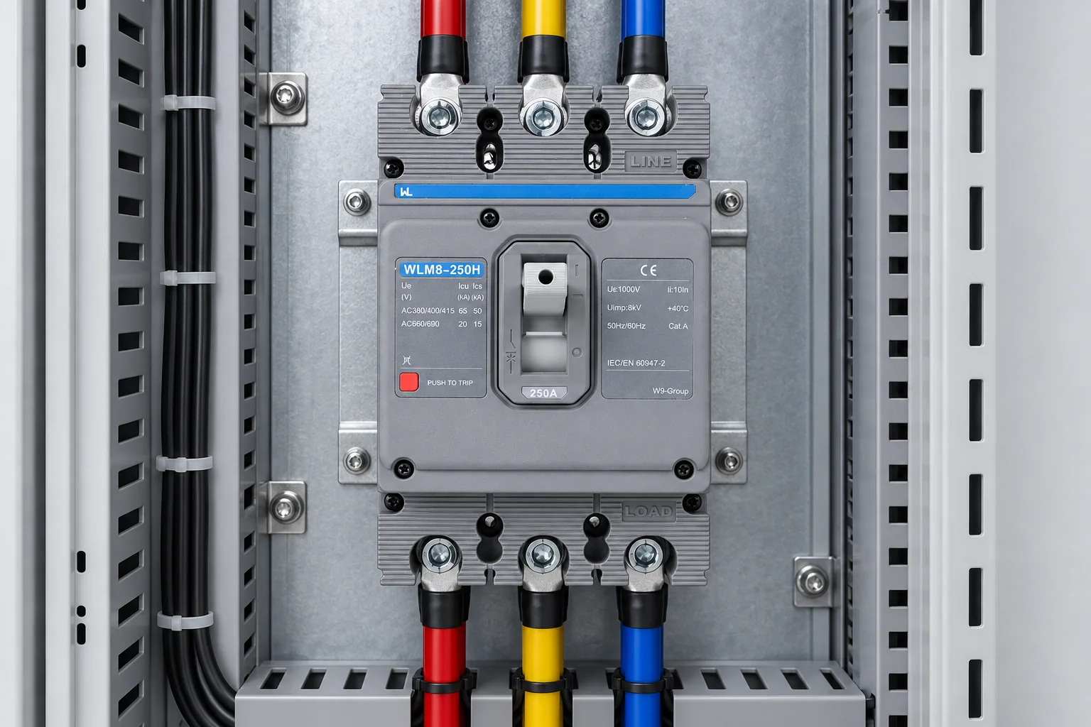 W9 WLM8-250H molded case circuit breaker installed in an industrial panel