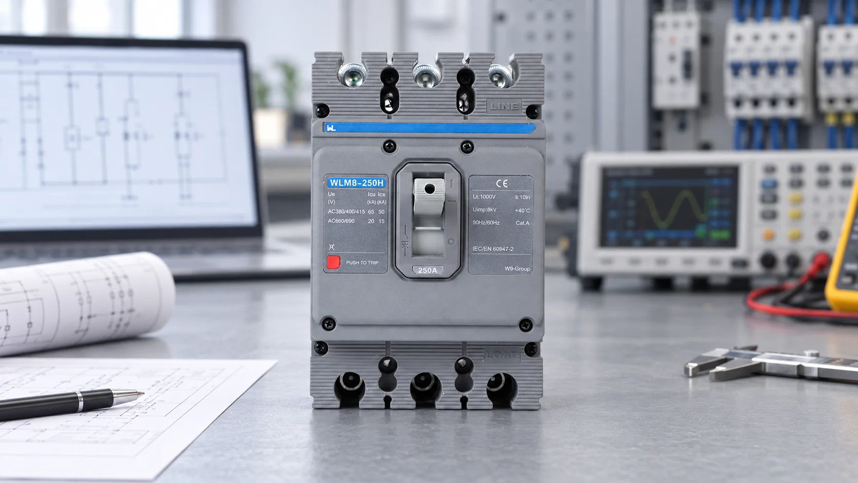 W9 WLM8-250H molded case circuit breaker on a technical evaluation bench