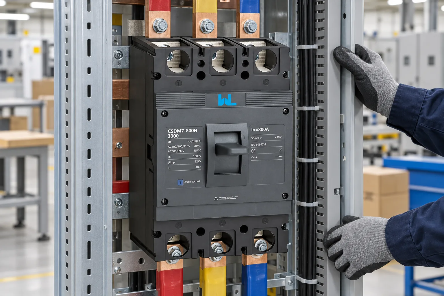 W9 CSDM7-800H three-pole 800A MCCB installed in an industrial distribution cabinet