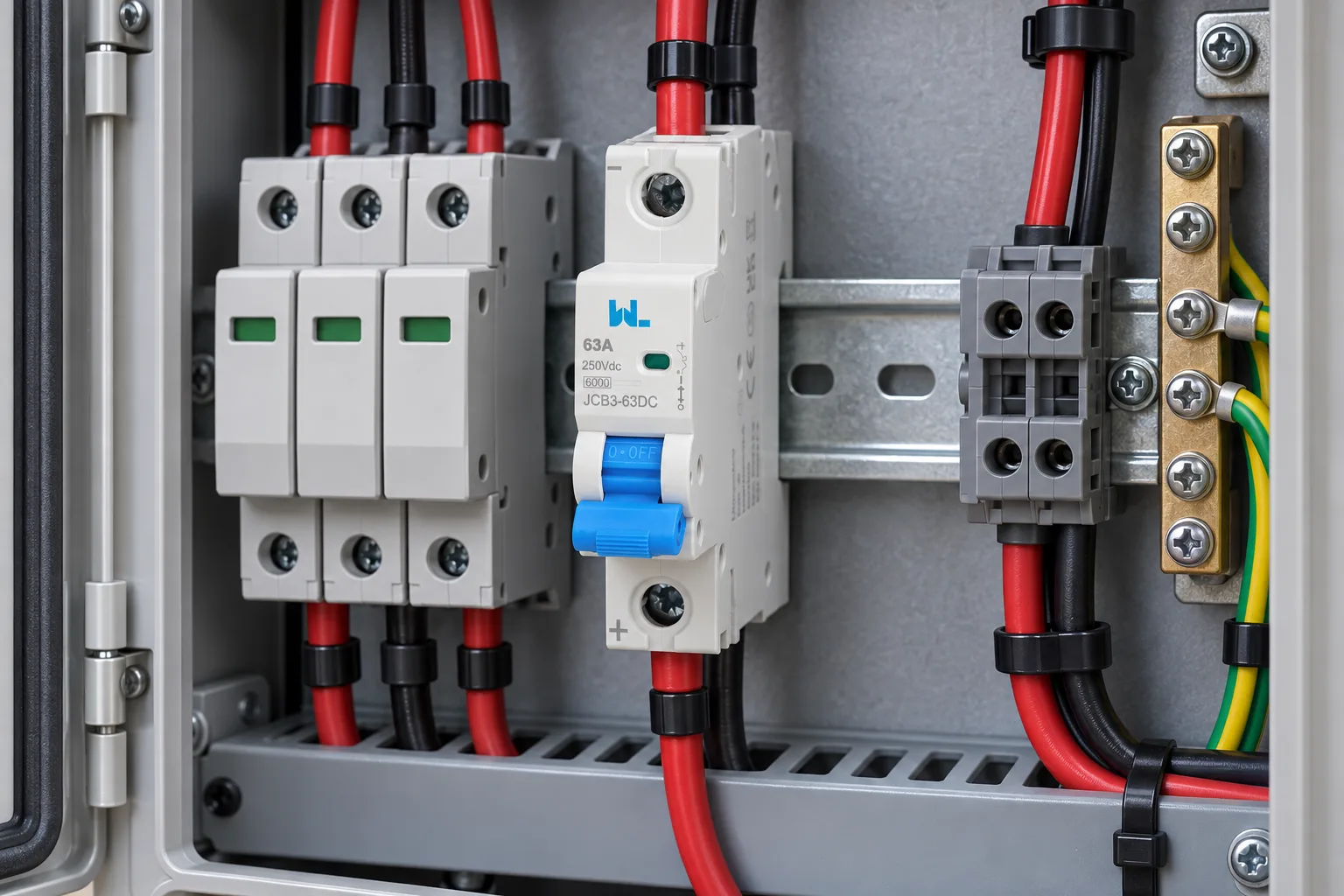 W9 JCB3-63DC Polarity DC Miniature Circuit Breaker (MCB) installed in a realistic electrical distribution setting