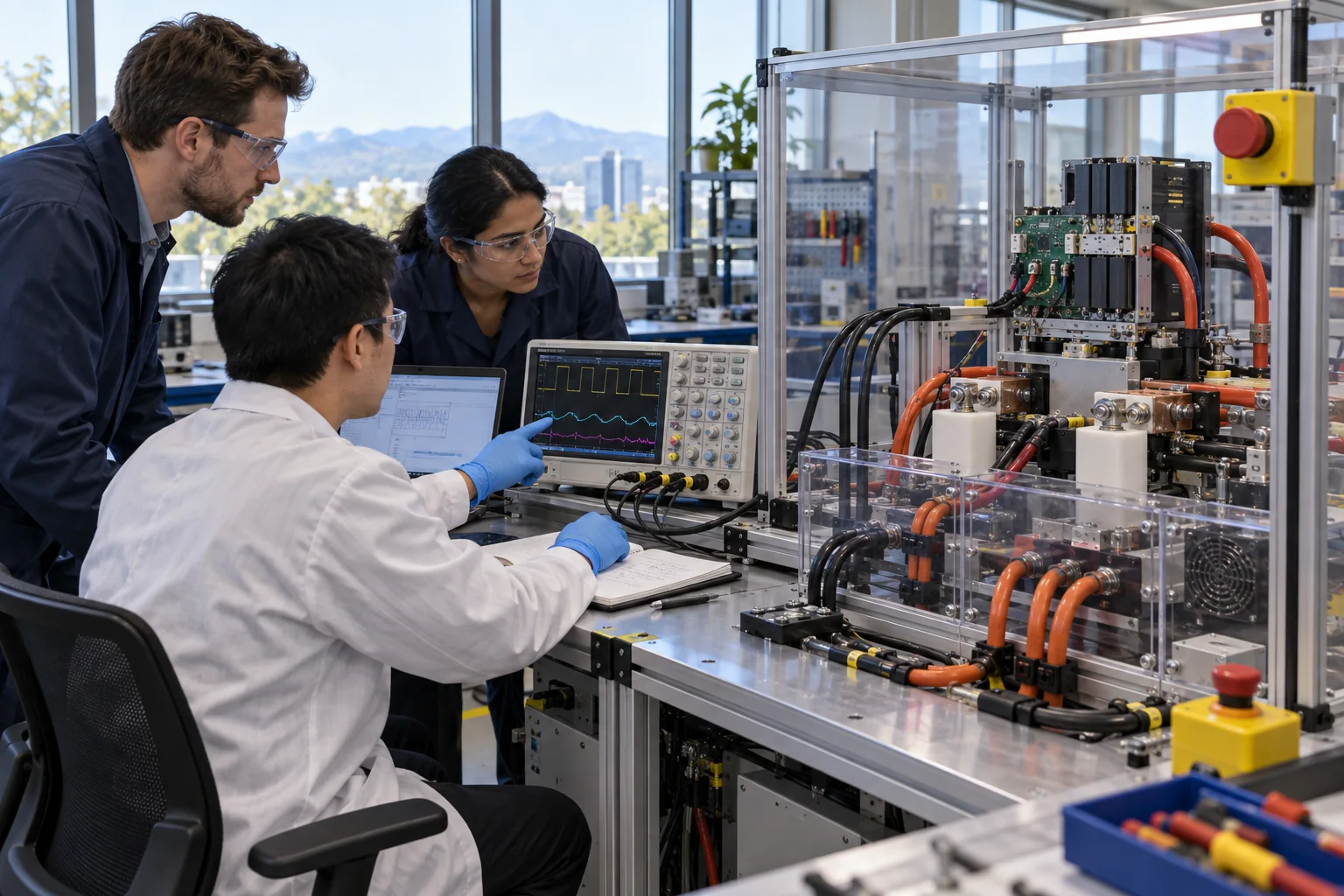Engineers collaborating on solid-state circuit breaker research in a power electronics laboratory