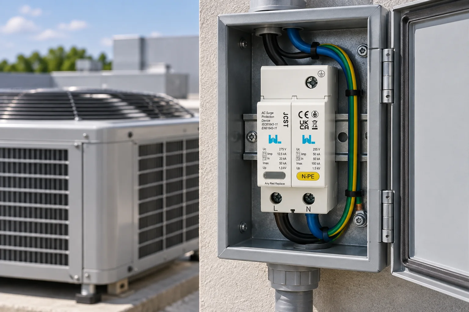 W9 JCST surge protective device installed near a commercial air conditioning unit