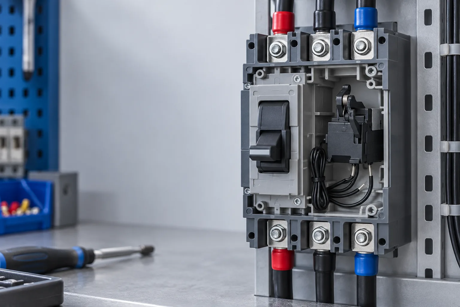 W9 MCCB shunt release accessory installed in a realistic electrical distribution setting