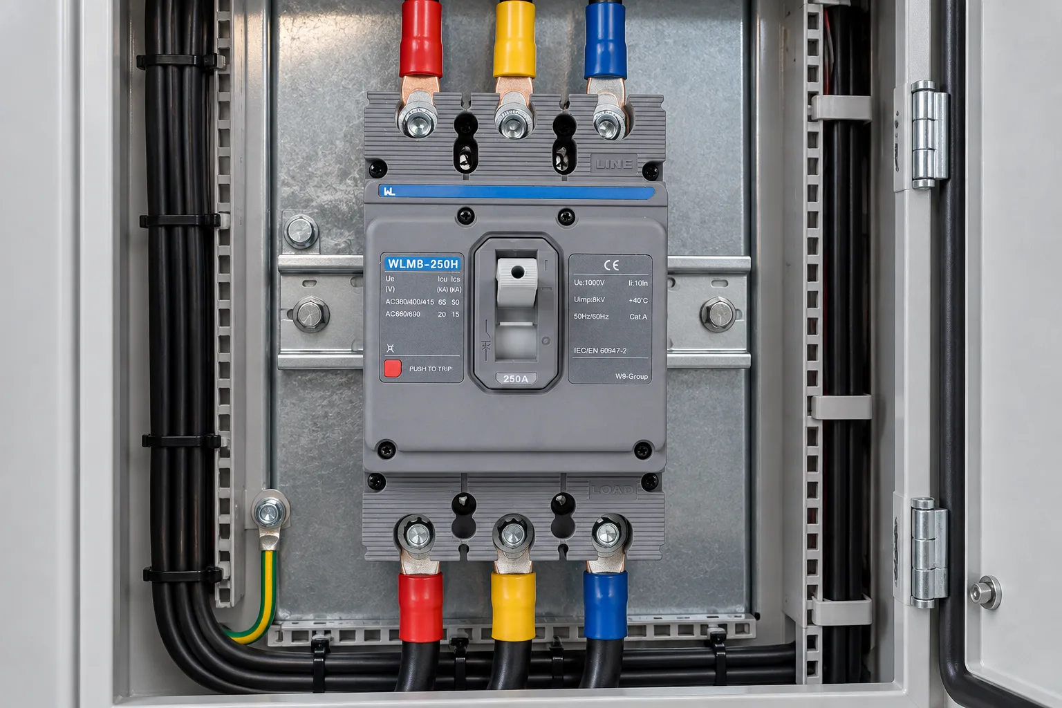 W9 WLM8-250H molded case circuit breaker installed in a realistic electrical distribution setting