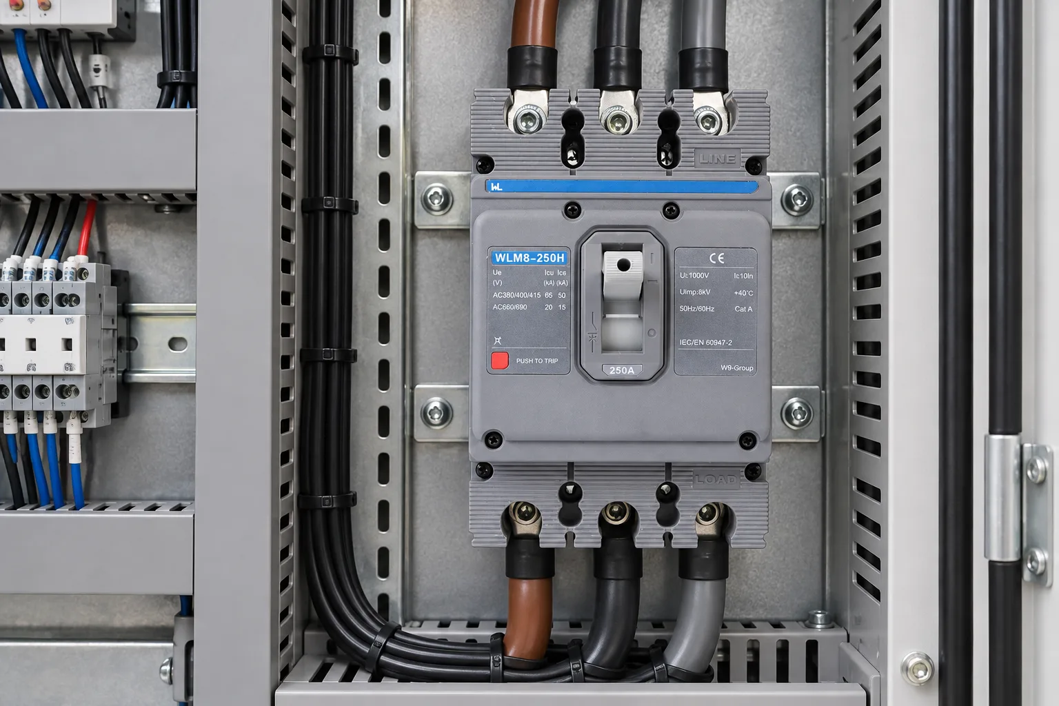 W9 WLM8-250H thermal magnetic molded case circuit breaker installed in a realistic electrical distribution setting