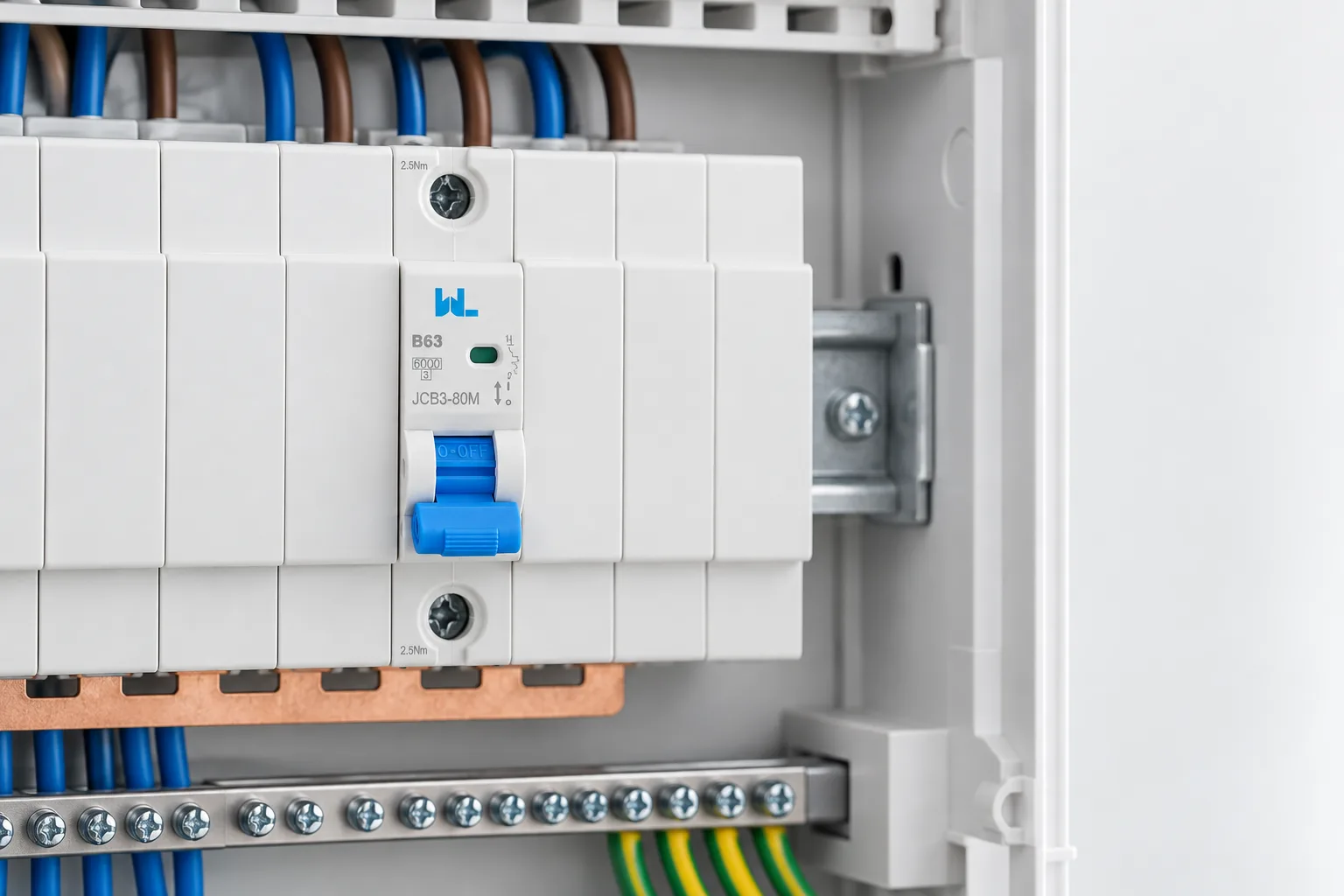W9 JCB3-80M miniature circuit breaker installed in a realistic electrical distribution setting