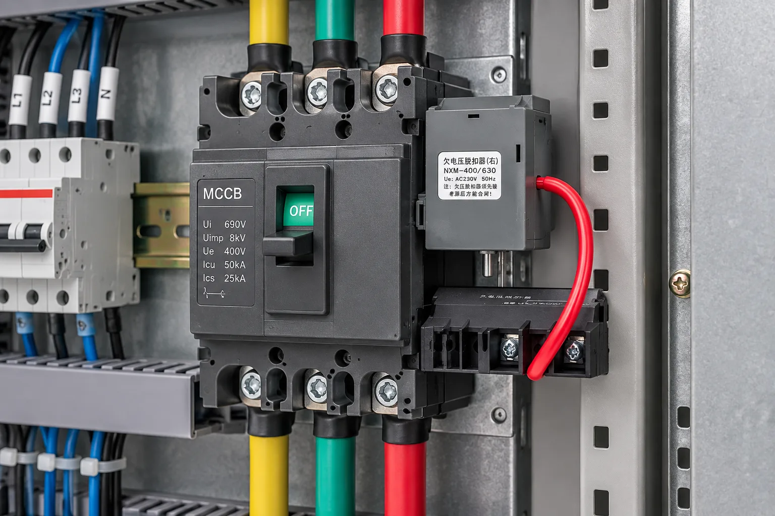 W9 MCCB undervoltage release accessory installed in a realistic electrical distribution setting