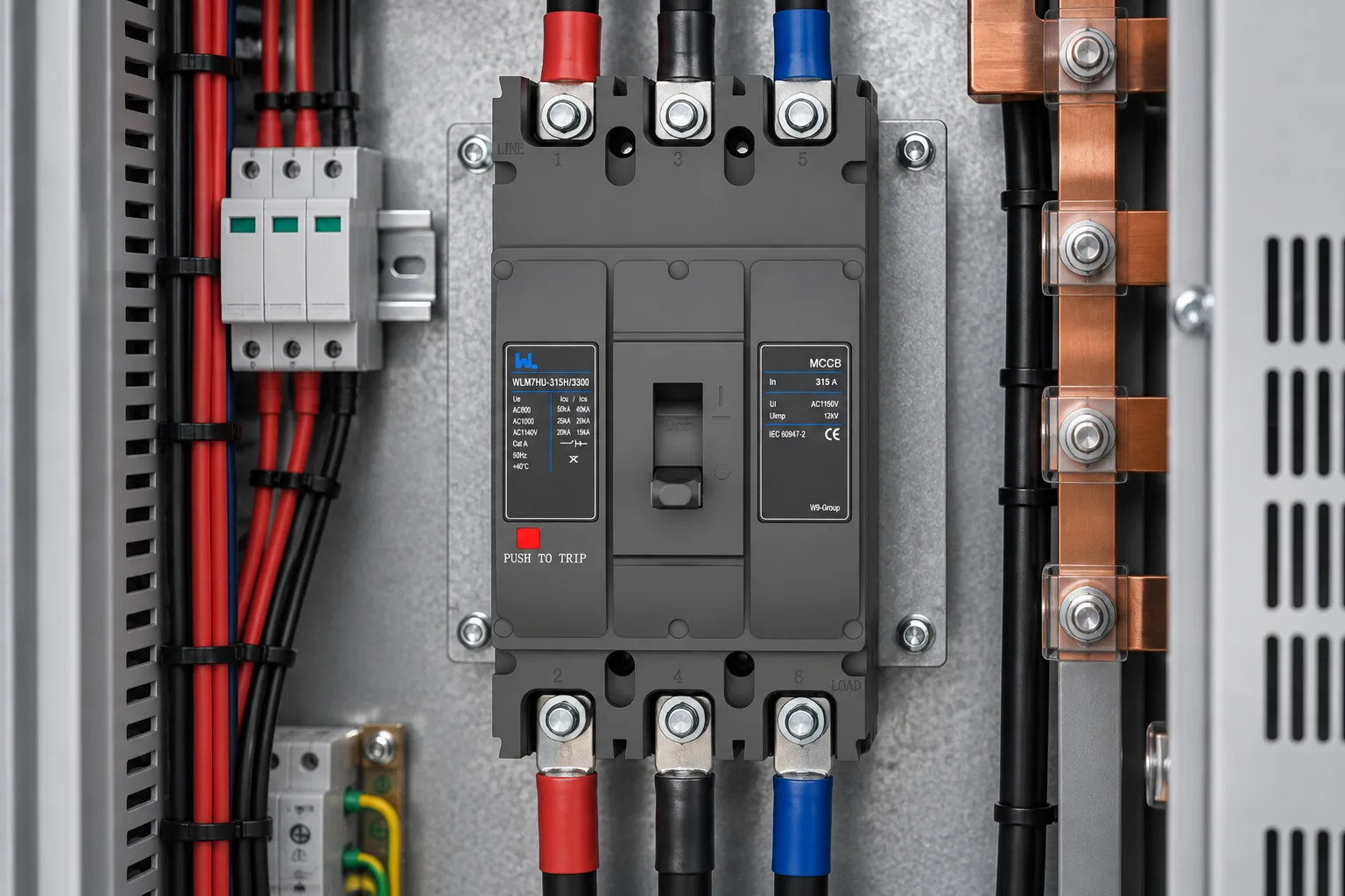 W9 WLM7HU-315-3300 3P photovoltaic solar MCCB, 800VAC/1000VAC/1140VAC installed in a realistic electrical distribution setting