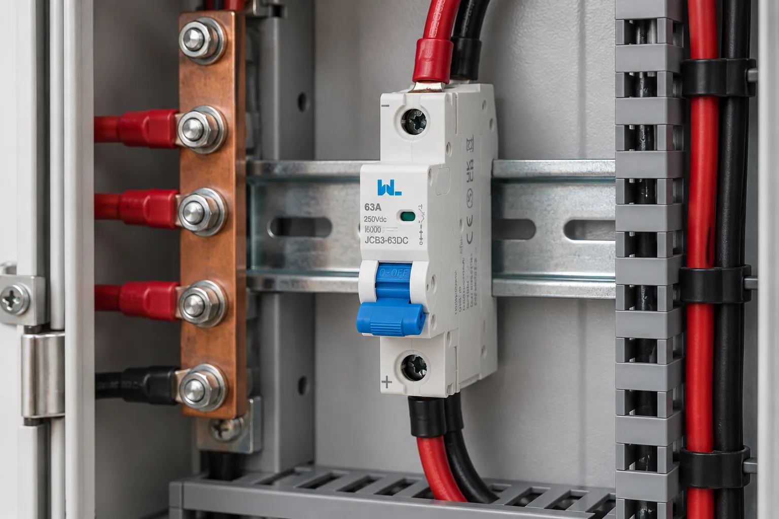 W9 JCB3-63DC miniature circuit breaker installed in a realistic electrical distribution setting