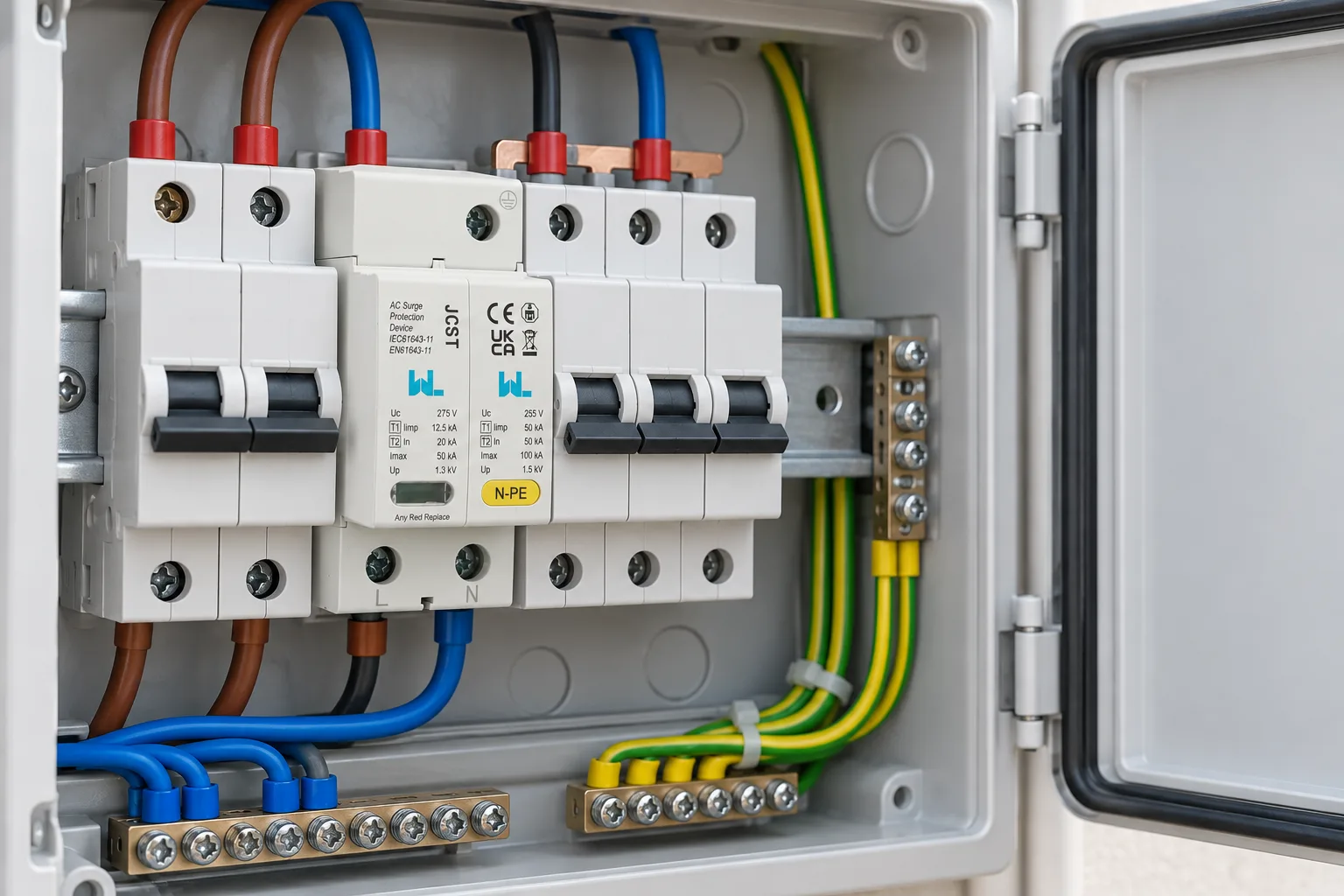 W9 JCST Type 1+2 surge protection device installed in a realistic electrical distribution setting