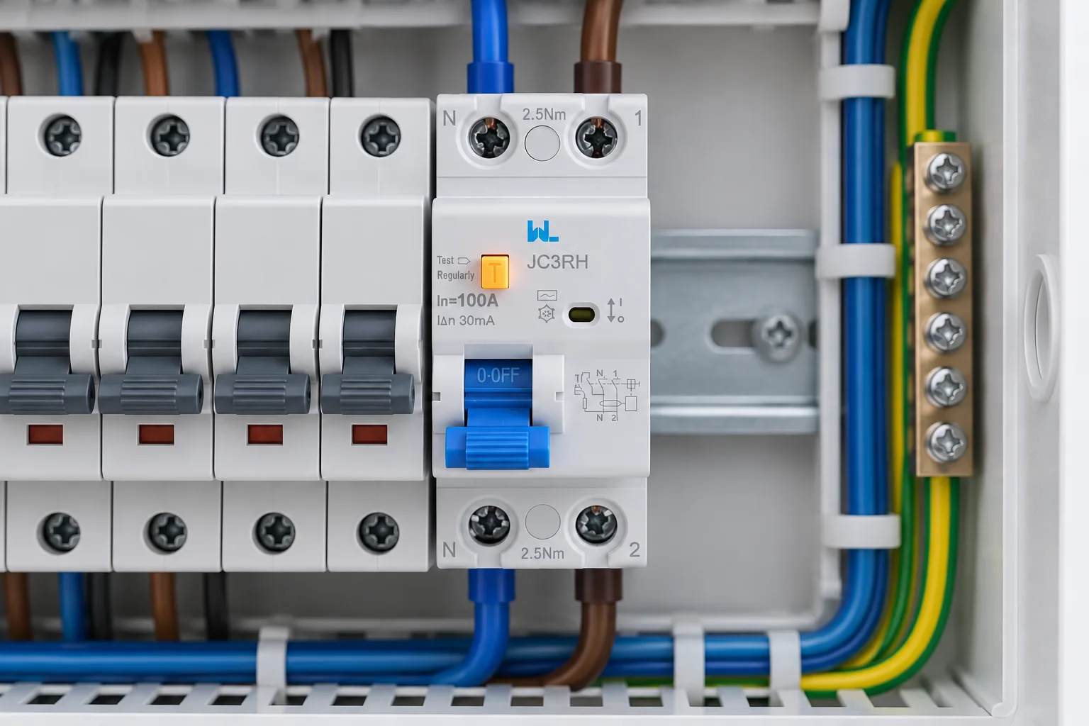 W9 JC3RH residual current circuit breaker installed in a realistic electrical distribution setting
