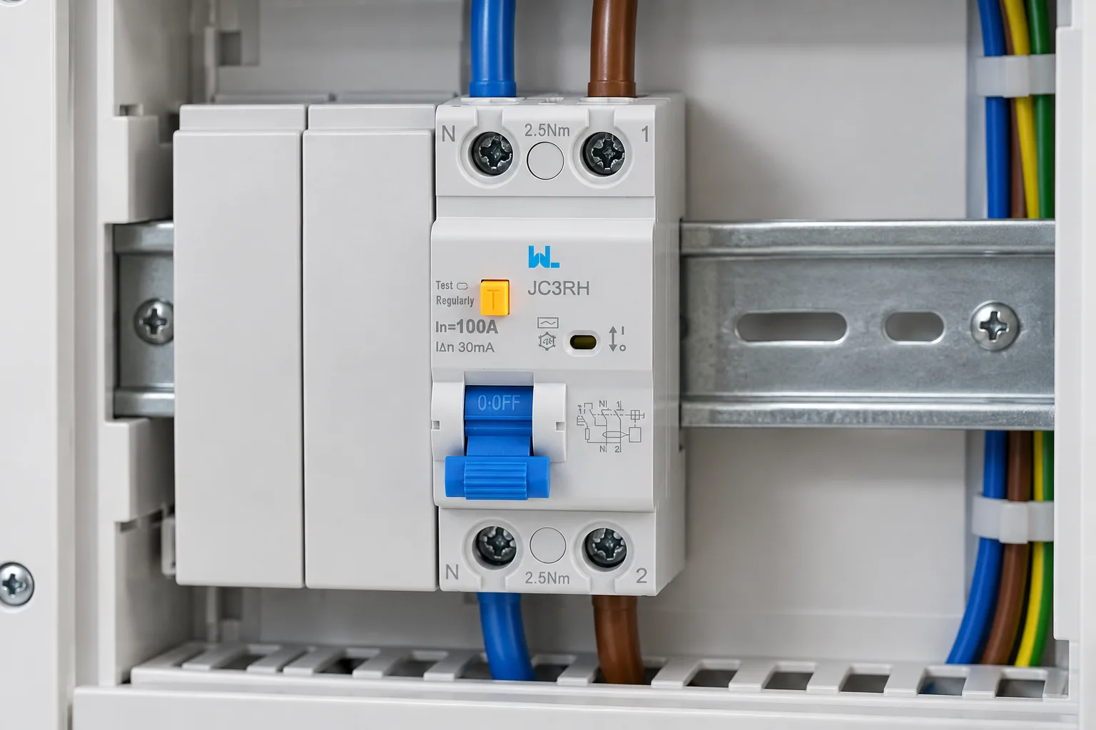 W9 JC3RH residual current circuit breaker installed in a realistic electrical distribution setting