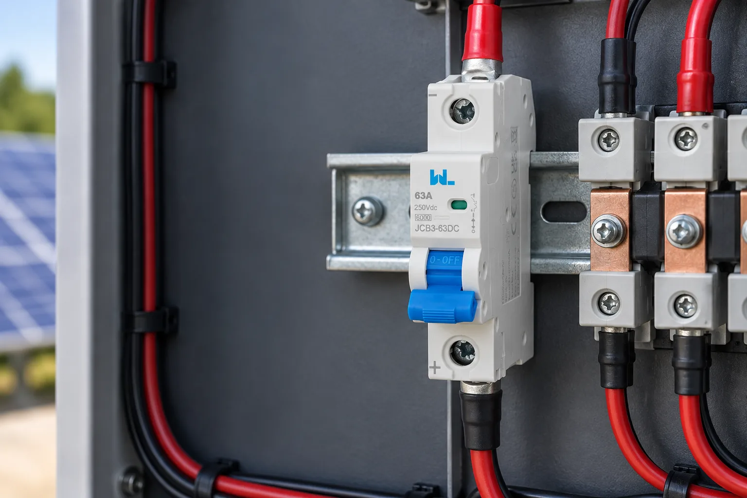 W9 JCB3-63DC miniature circuit breaker installed in a realistic electrical distribution setting