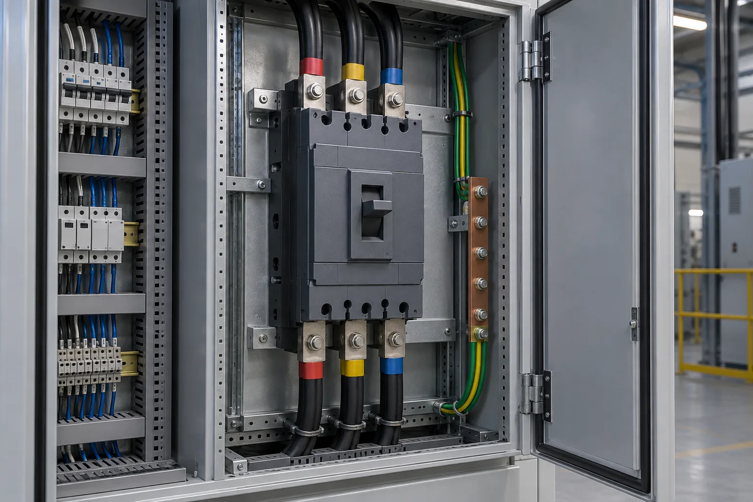 generic molded-case circuit breaker installed in a realistic electrical distribution setting