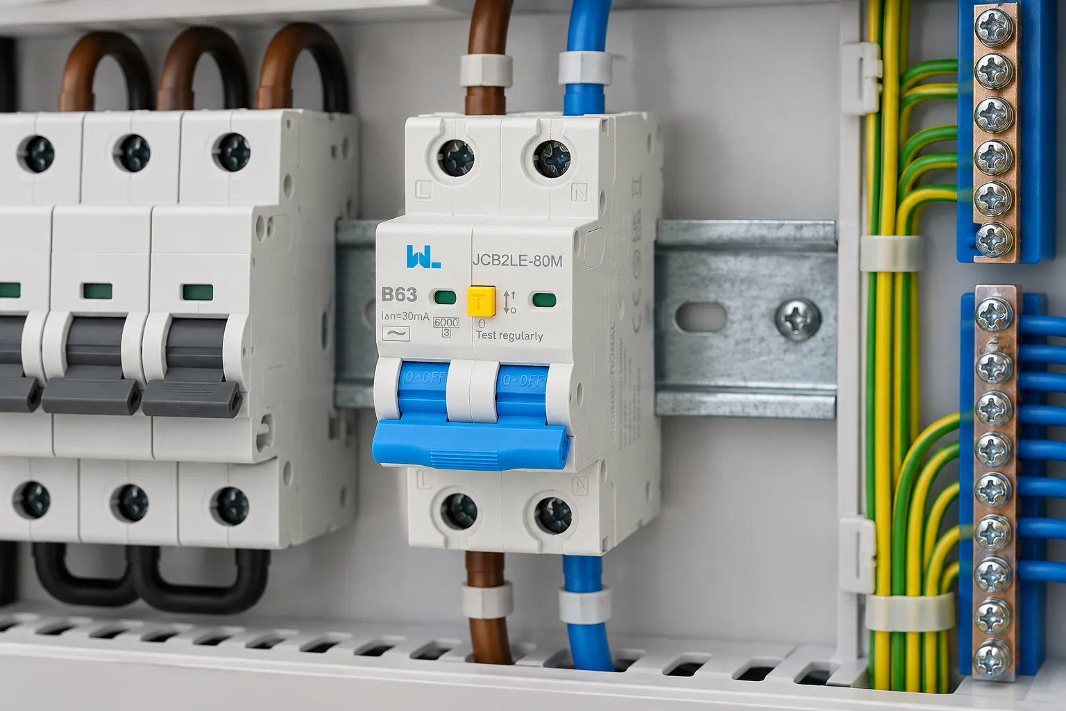 W9 JCB2LE-80M 2-pole RCBO with overcurrent and leakage protection installed in a realistic electrical distribution setting