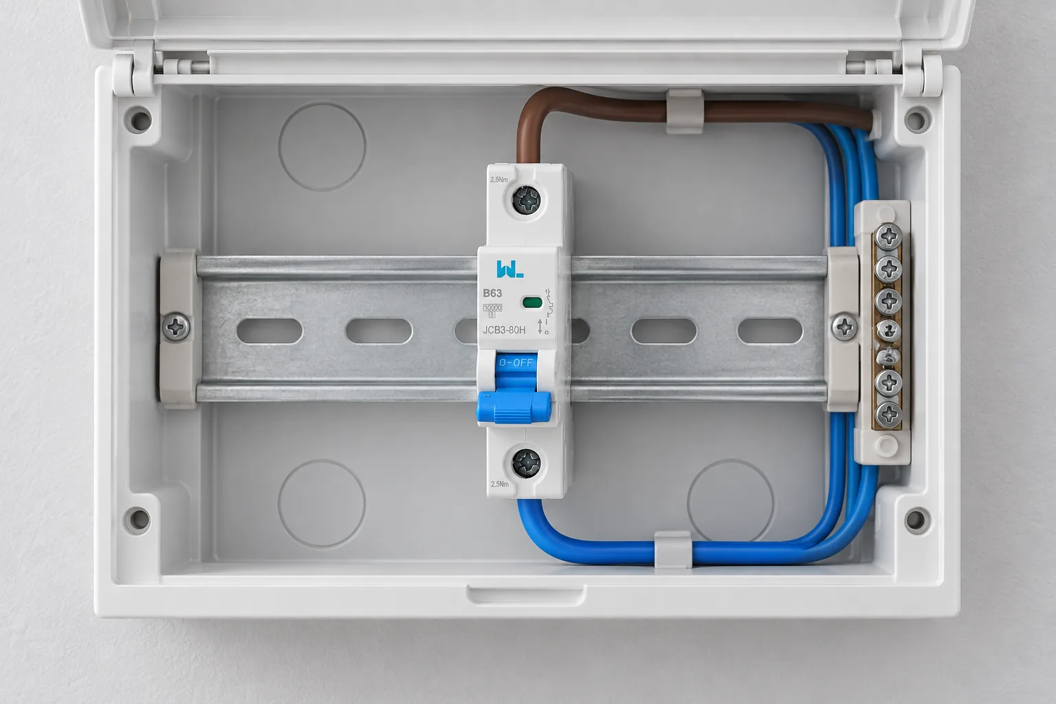 W9 JCB3-80H miniature circuit breaker installed in a realistic electrical distribution setting
