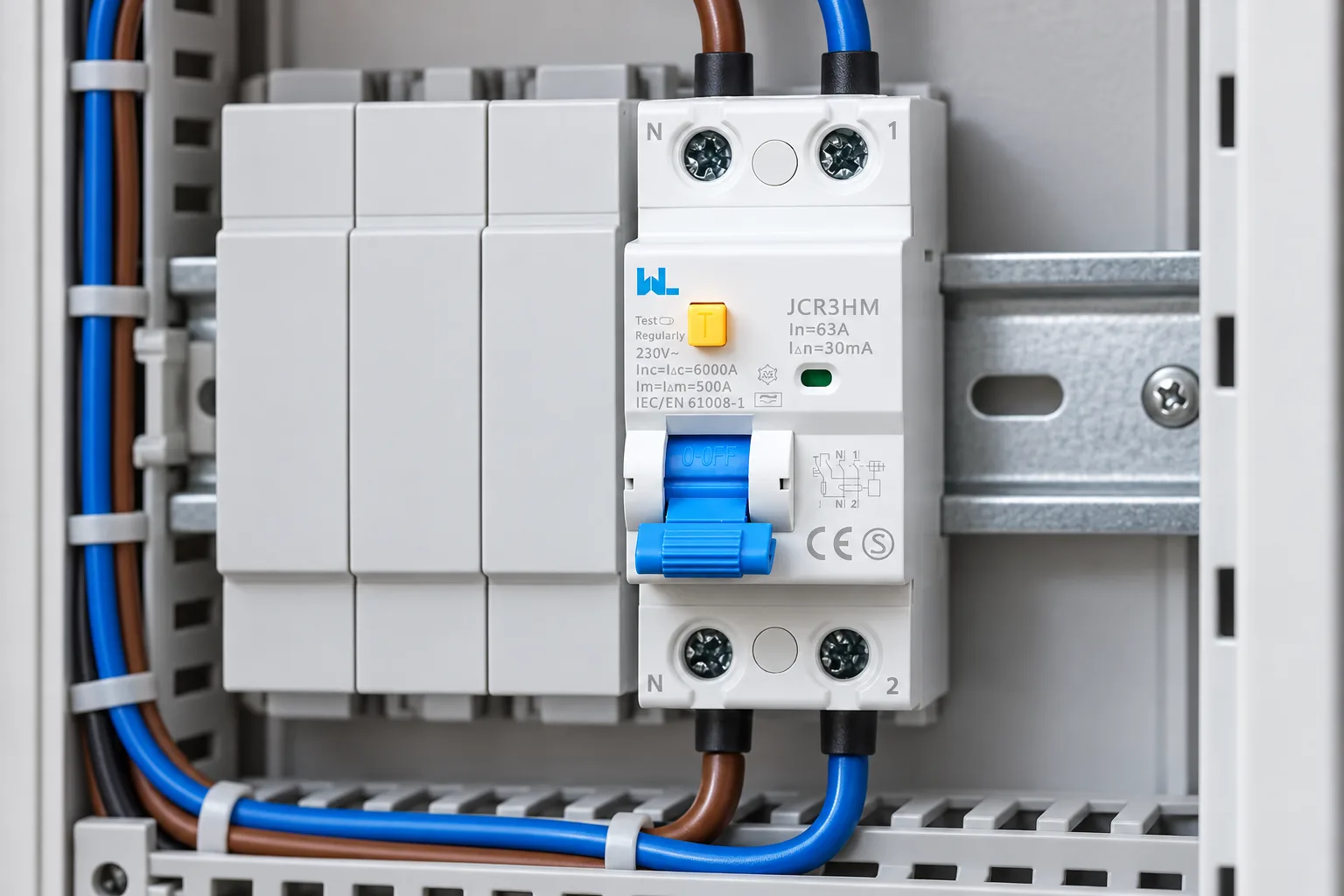 W9 JCR3HM residual current device installed in a realistic electrical distribution setting