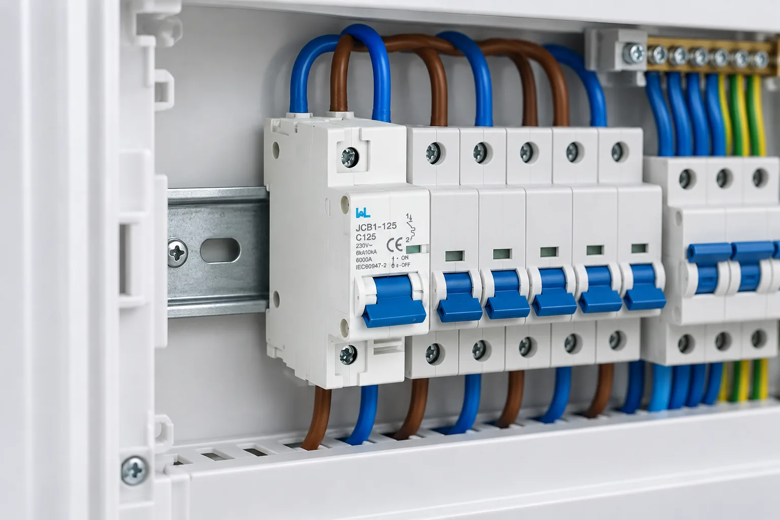 W9 JCB1-125 miniature circuit breaker installed in a realistic electrical distribution setting