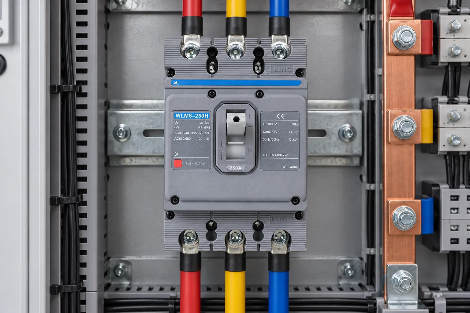 W9 WLM8-250H molded case circuit breaker installed in a realistic electrical distribution setting