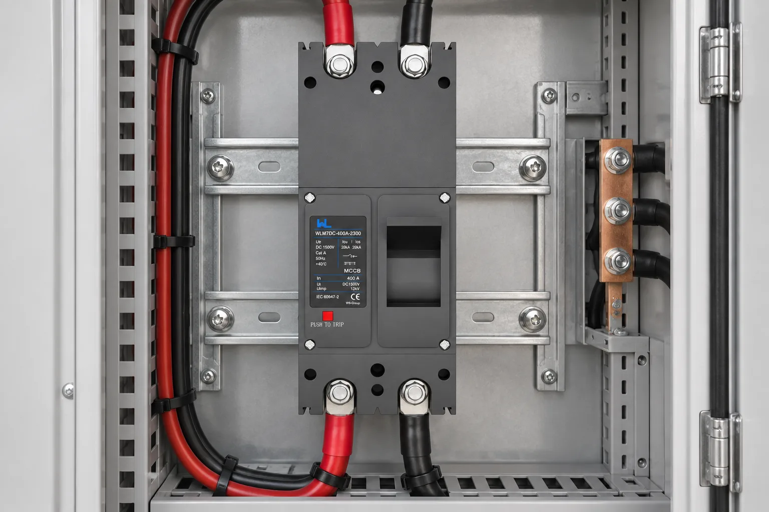 W9 WLM7DC-400A DC molded case circuit breaker installed in a realistic electrical distribution setting