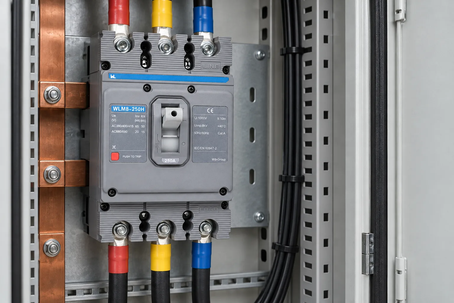 W9 WLM8-250H molded case circuit breaker installed in a realistic electrical distribution setting