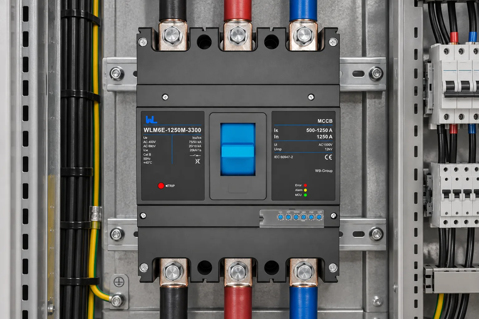 W9 WLM6E-800A electronic molded case circuit breaker installed in a realistic electrical distribution setting
