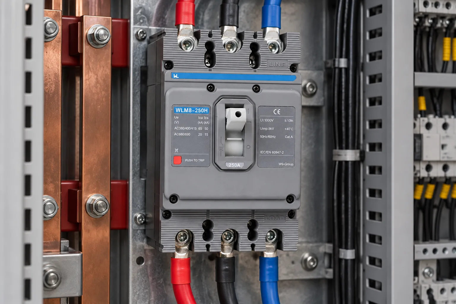 W9 WLM8-250H molded case circuit breaker installed in a realistic electrical distribution setting