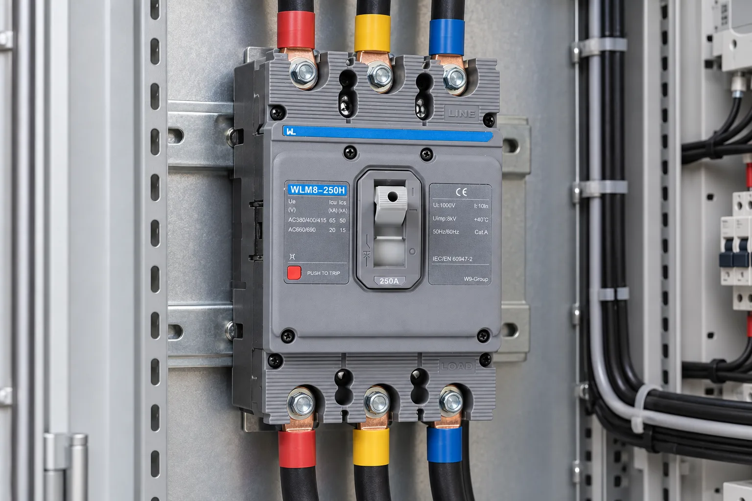 W9 WLM8-250H molded case circuit breaker installed in a realistic electrical distribution setting