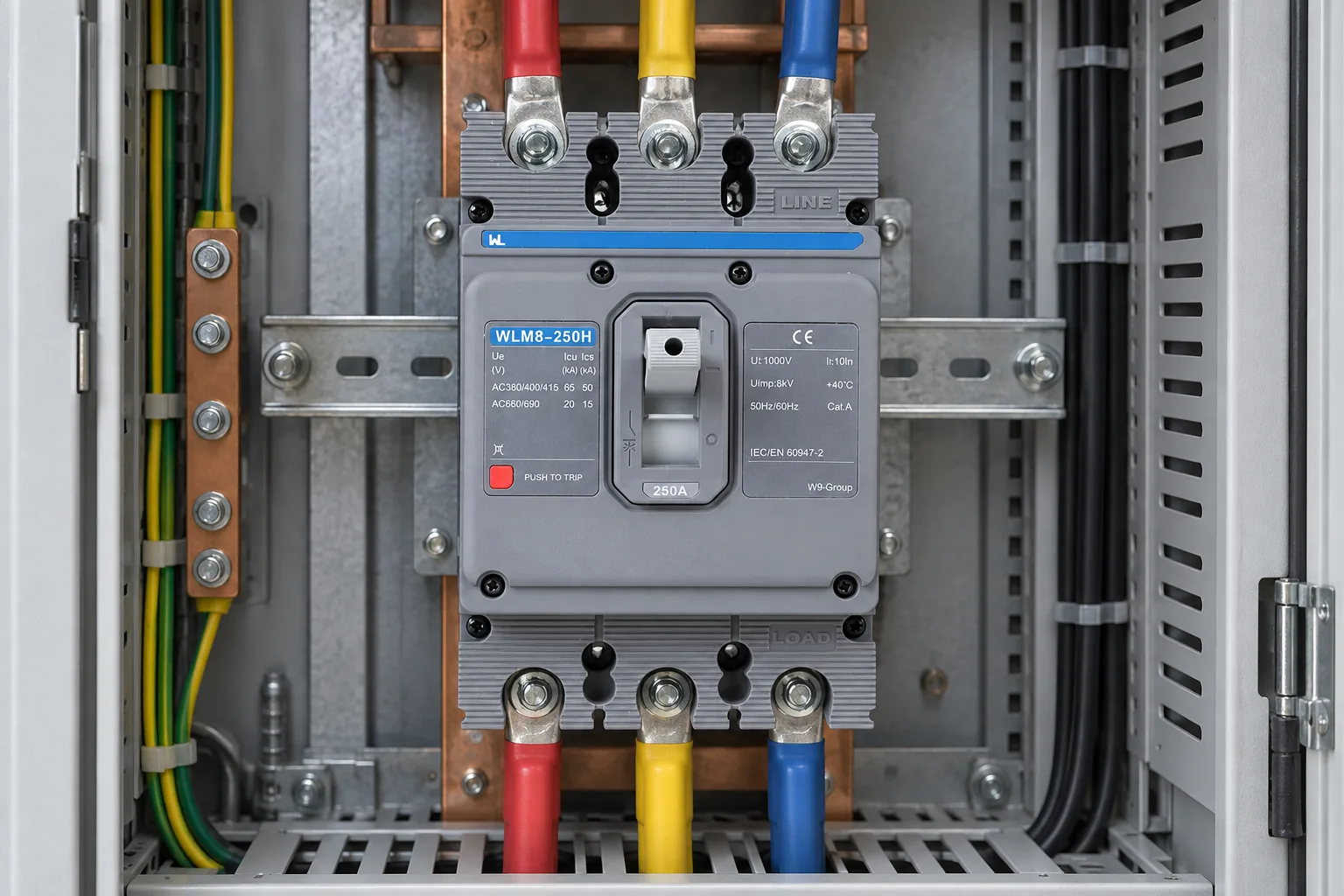 W9 WLM8-250H molded case circuit breaker installed in a realistic electrical distribution setting