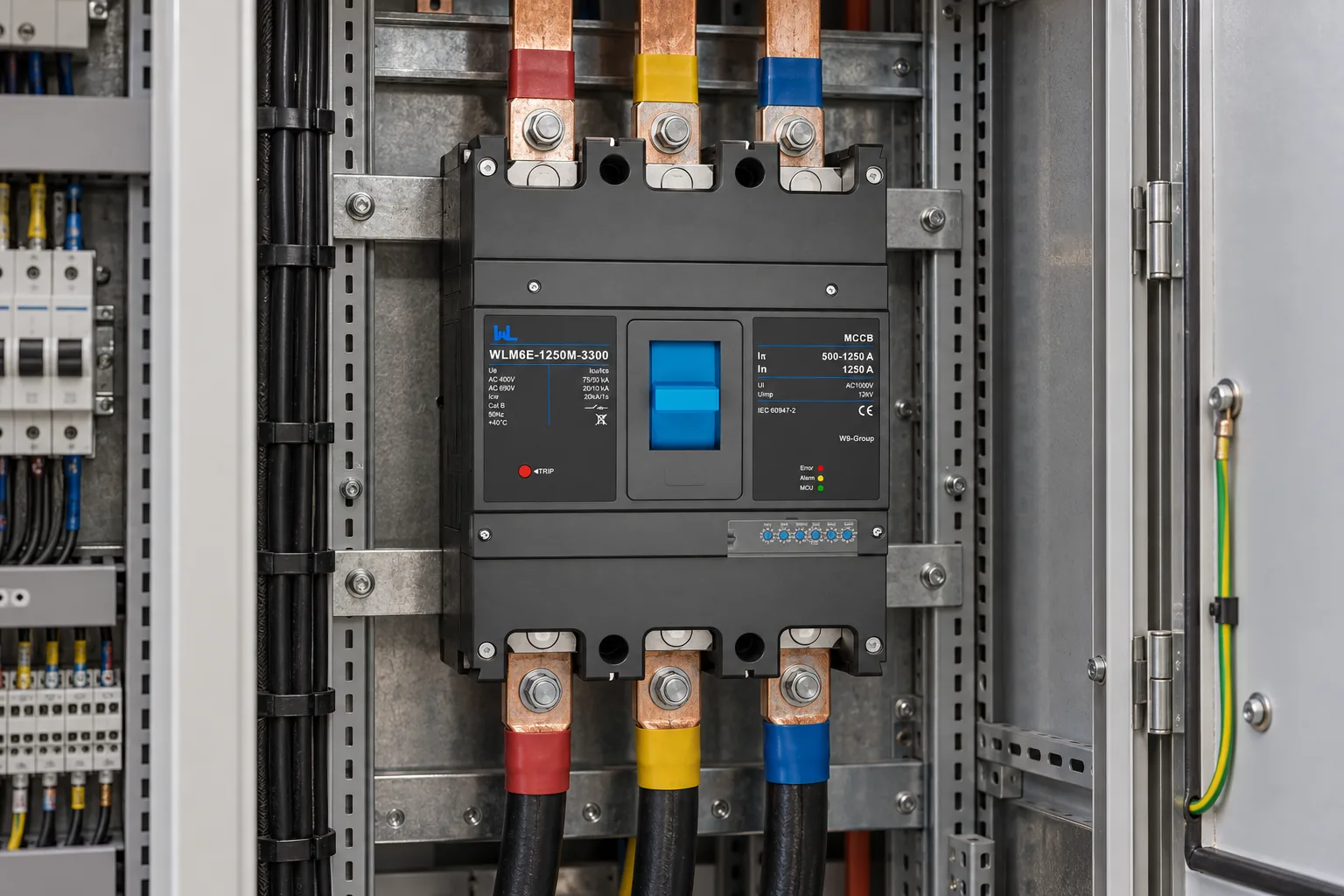 W9 WLM6E-800A electronic molded case circuit breaker installed in a realistic electrical distribution setting
