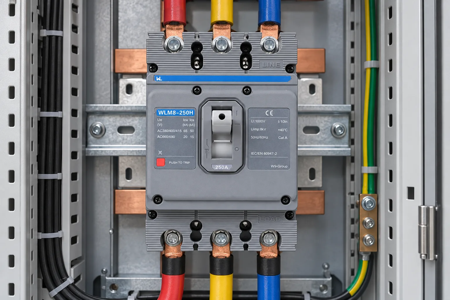W9 WLM8-250H-3300 3P thermal-magnetic MCCB installed in a realistic electrical distribution setting